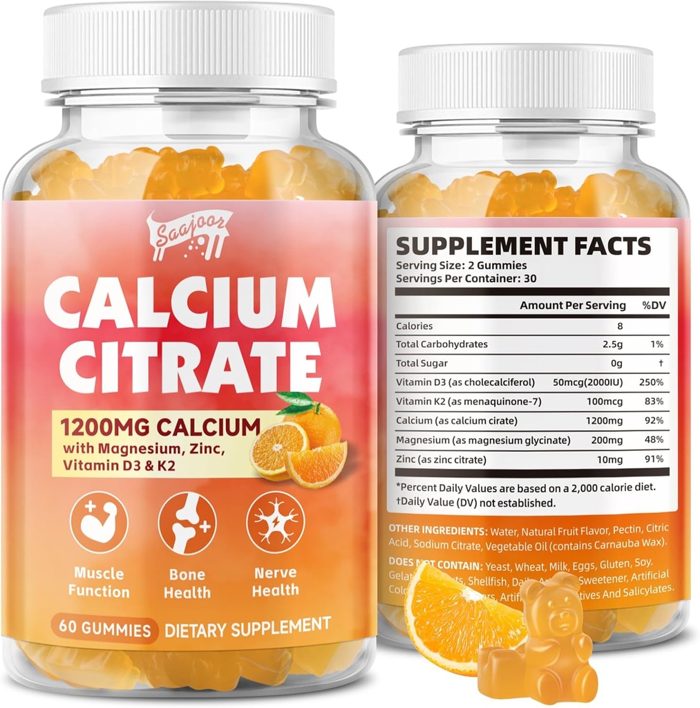 Calcium citraat Gummies 1200 mg met vitamine D3, K2, Magnesium, zink, bot ondersteuning voor botten, spieren & gewrichten, Gemeenschap & geheugen ondersteuning, 60 Tellen