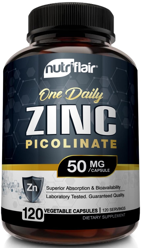 NutriFlair Zink Picolinaat 50mg, 120 Capsules - Maximale Absorptie Zink Supplement Pillen - Immuun systeem Booster, Immuniteit Verdediging, Krachtige Niet-GMO Antioxidant - Vergelijken met Ssp, Citraat, Oxide