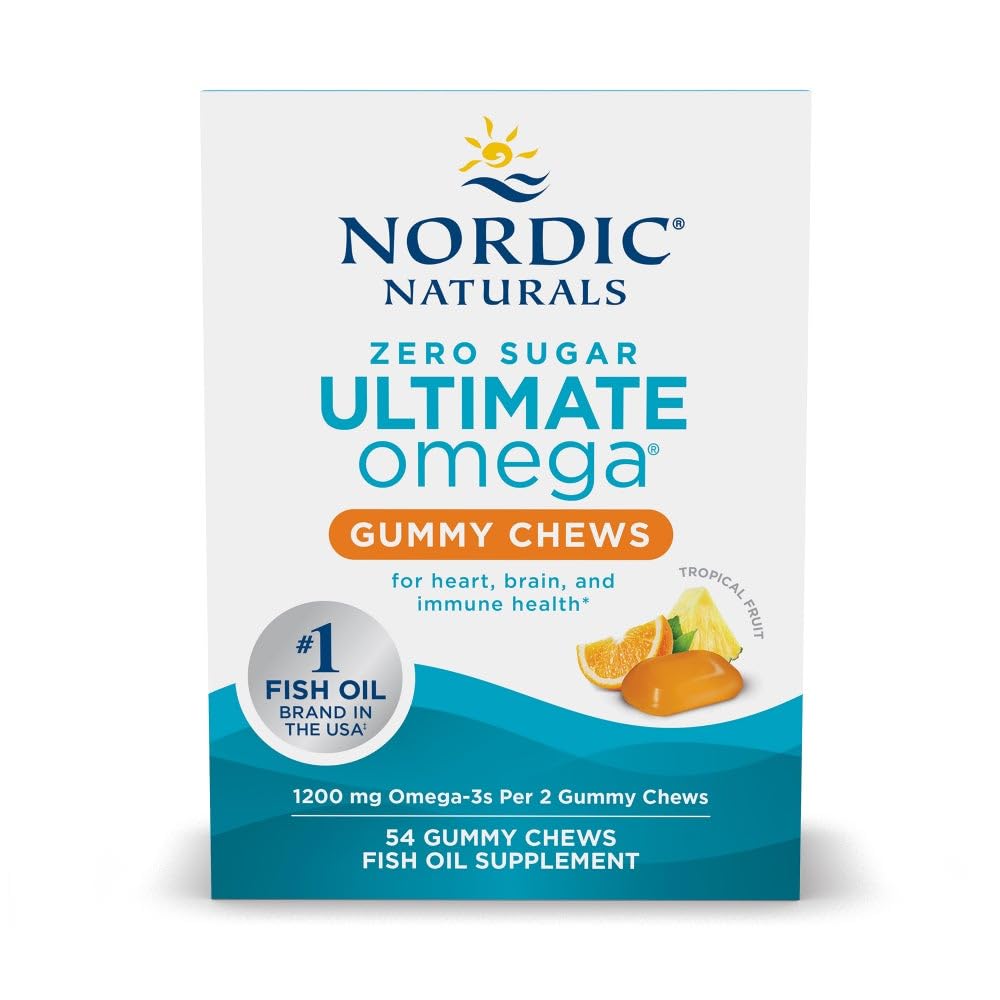 Nordic Naturals Zéro sucre Ultimate Omega Gummy Chews - Fruits tropicaux - 54 Gummy Chews - Non OGM - Bien-être optimal - 27 portions
