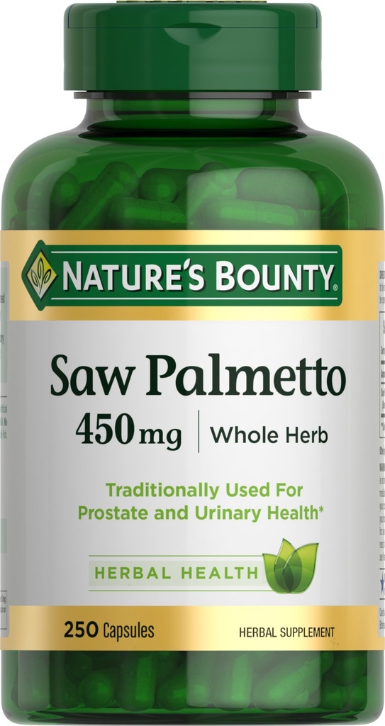 Nature's Bounty Saw Palmetto Ondersteuning voor Prostaat en Urinaire Gezondheid, Herbal Health Supplement, 450mg, 250 Capsules