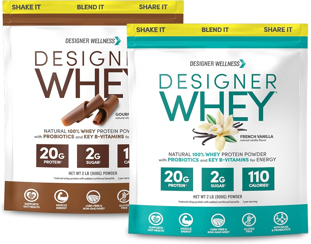 Designer Wellness, Designer Whey 2lb Vanille française et 2lb Gourmet au chocolat