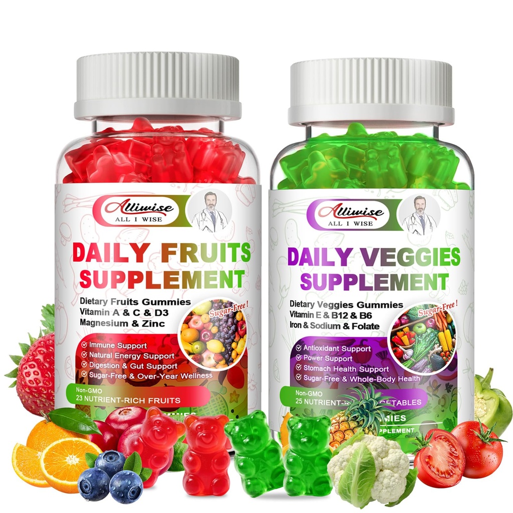 Supplément Fruits et légumes sans sucre, Gommies Super Verts avec Multivitamines, Minéraux & Fibres, Fruits et Légumes naturels Supplément soutient Immunité, Antioxydant & Énergie pour les femmes et les hommes