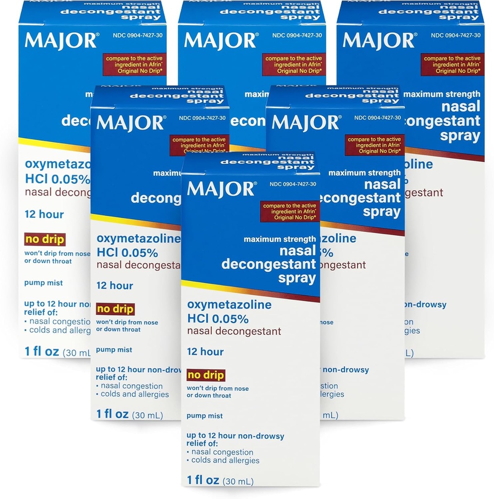 MAJOR Résistance maximale Spray d'agent nasal, HCl Oxymétazoline 0,05% Pompe Mist, Spray nasal non somnolent, jusqu'à 12 heures de soulagement de la congestion nasale, des rhumes et des allergies 1 Fl. Oz. (6-Pack)