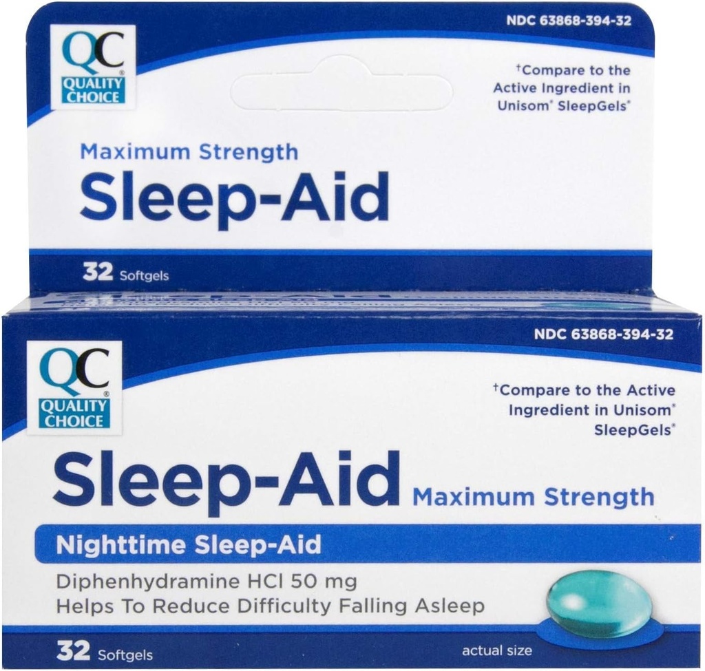 Quality Choice Max Sterkte Slaaphulp, Nighttime Slaaphulp Difenhydramine HCI 50 mg, Non Habit vormen voor af en toe slapeloosheid, Gemakkelijk doorslikken Softgels, 32 Telfles