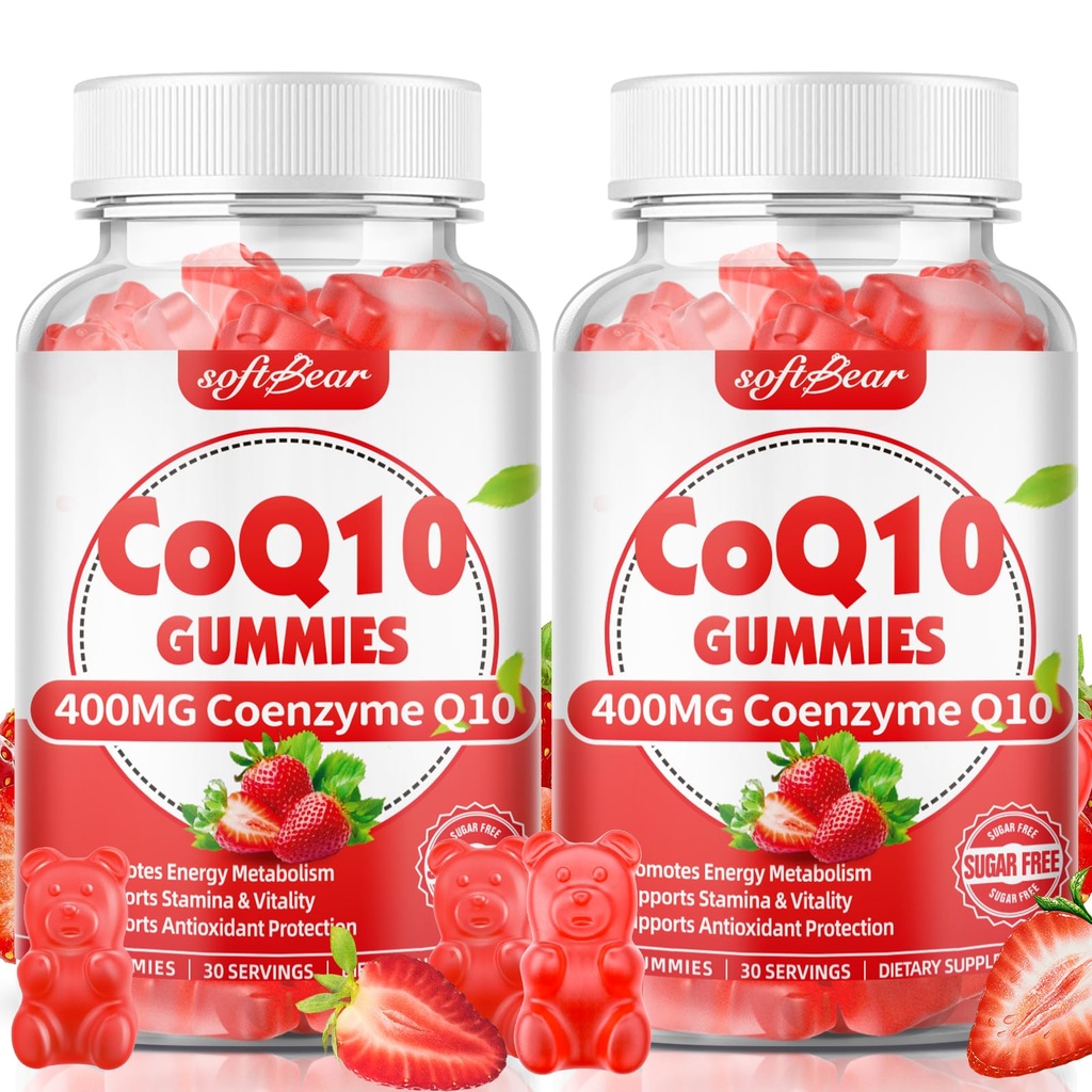 softbear CoQ10 Gummies 400mg Co-enzym Q10 Supplement voor volwassenen, Hoge Absorptie Coq10 Plus Omega-3, Magnesium, Vitamine B3 & Zink voor Cellulaire Energie & Antioxidant, Aardbei smaak 120 Tellen