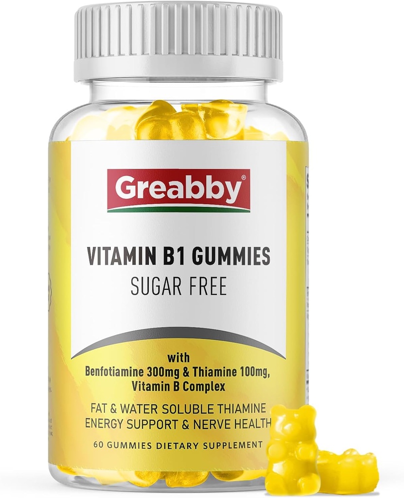Vitamine B1 Gummies - Benfotiamine 300mg & Thiamine 100mg, Suikervrij, Vitamine B Complex Kauwbare Supplement, Energie Boost & Zenuwstelsel Gezondheid voor vrouwen Mannen, 60 Gummies
