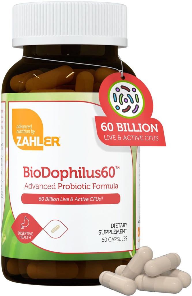 Zahler BioDophilus60, 60 Miljard CFU Probiotic + Prebiotic - 11 Strains Daily Probiotic Supplement - Kosher Probiotics for Women for Digestive Health, Probiotics for Men for Gut Health (60 Capsules)