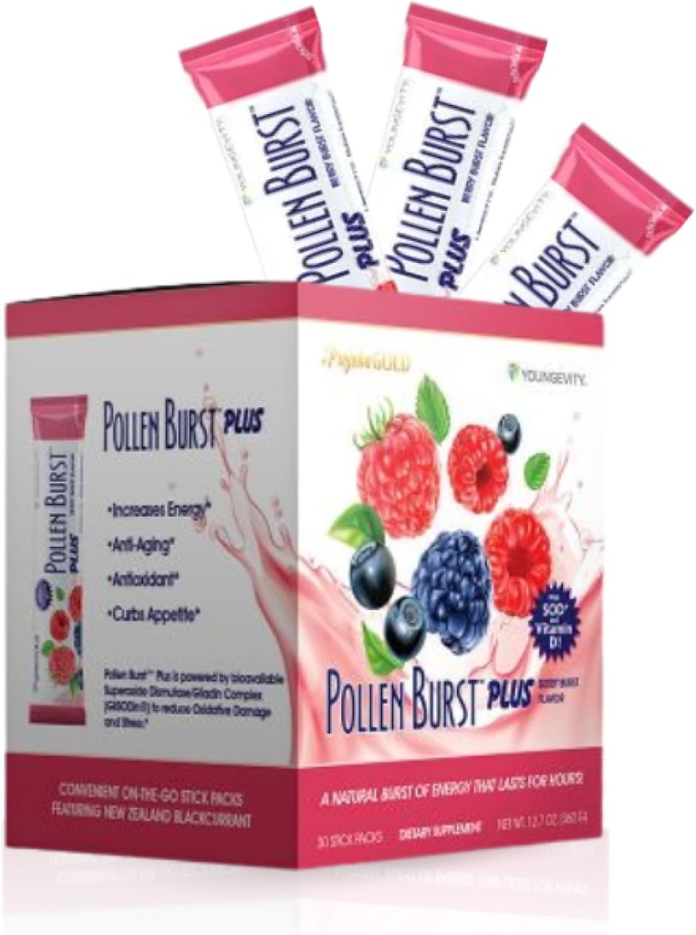 Youngevity Projoba Pollen Burst Plus Berry – Boissons d'énergie naturelle avec du pollen de fleurs, des vitamines et des antioxydants – soutient l'énergie soutenue et le bien-être global – 30 paquets