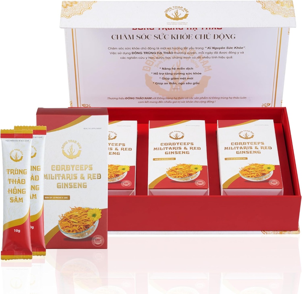 Dong Thao NAM - Biologische rode ginseng en cordyceps poeder, 6 in 1 kruidenextract, verhoogt alertheid, verhoogt energie en vermindert vermoeidheid, cafeïnevrij, verpakking van 30