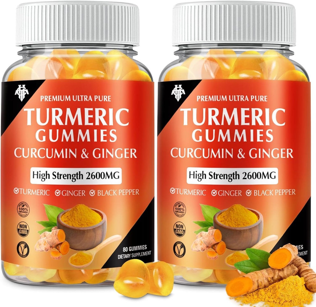 Gummies curcumines curcumines avec Ginger & Black Pepper Vegan Pectin Formula for Immune Boost, Healthy Skin & Joint Support Supplément à croquer pour adultes et adolescents (2-Pack)