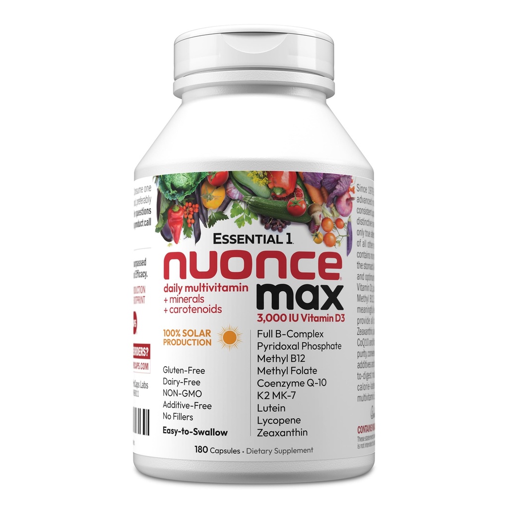 ANDREW LESSMAN Essential-1 nuonce max Multivitamine 3000 IE Vitamine D3 180 Kleine Capsules. 100 mcg Methyl B12. CoQ10 Luteïne Lycopeen Zeaxanthine. Hoge Potentie. Geen additieven. Ultra-Mild One Dagelijkse Capsule