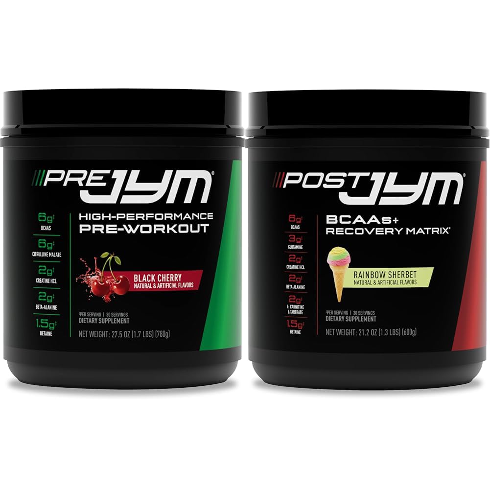 PRE JYM 30 Black Cherry & Post JYM Rainbow Sherbert Post-workout 30 Serves Muscle Recovery Drink