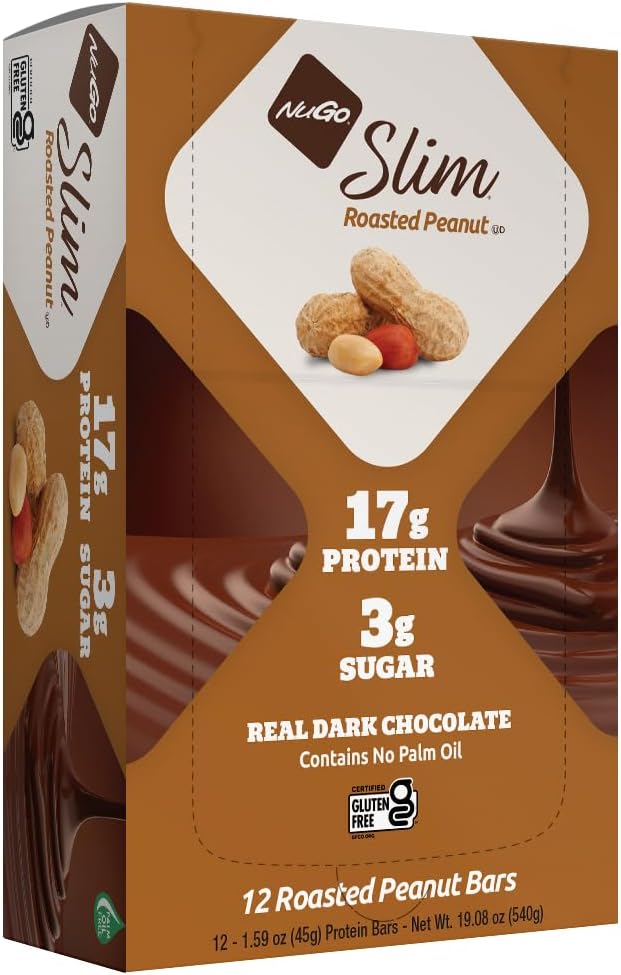 NuGo Slim Dark Chocolate Geroosterde Pinda, 16g Proteïne, 2g Suiker, 7g Vezel, Low Net Carb, Keto Vriendelijk, Glutenvrij, 12 Tellen