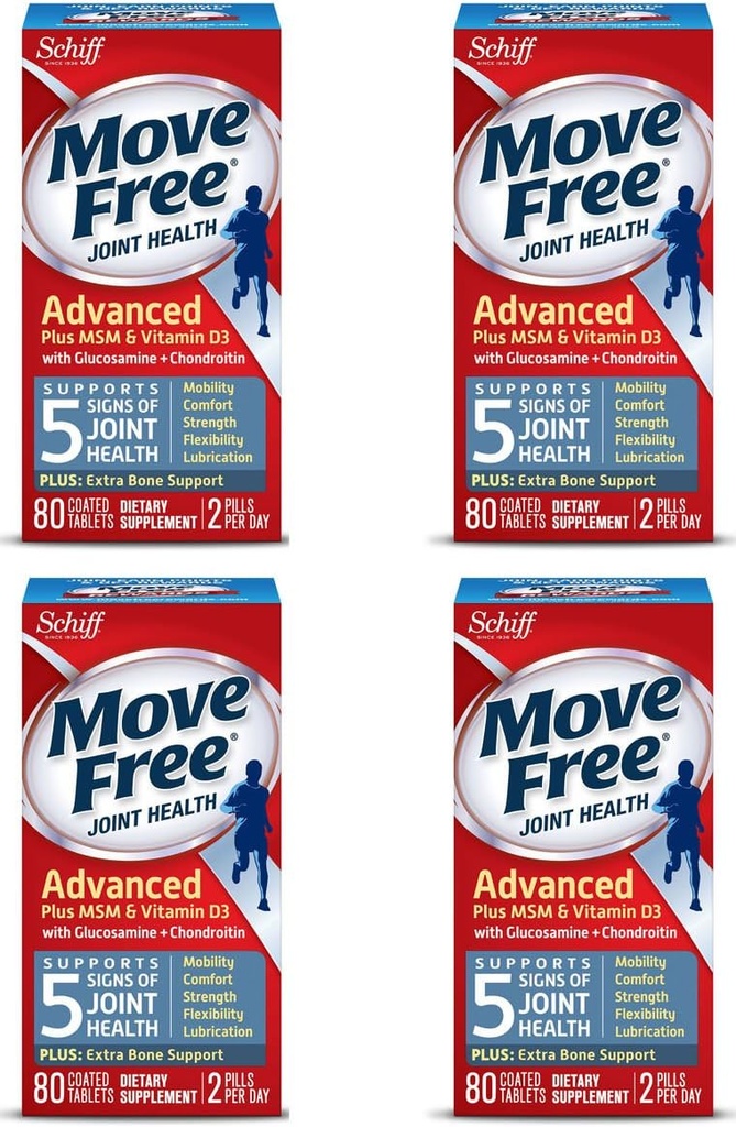 Move Free Advanced Plus MSM en vitamine D3, 80 tabletten - Joint Health Supplement met Glucosamine en Chondroitin (verpakking van 4)