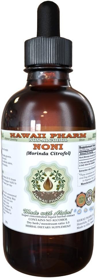 Noni Alcoholvrije Liquid Extract, Biologische Noni (Morinda citrifolia) Gedroogde vruchten Glyceriet Natuurlijke Kruidensupplement, Hawaii Pharm, USA 2 fl.oz
