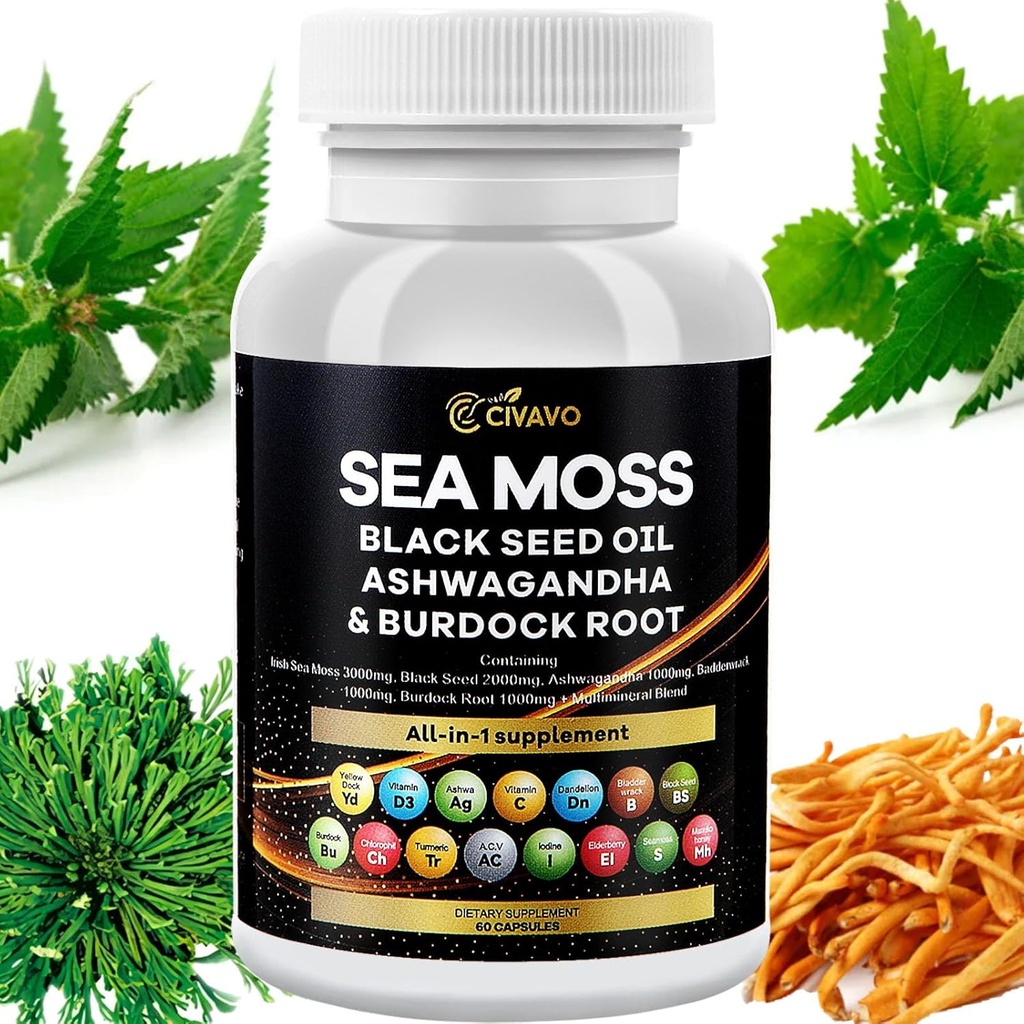 Mousse de mer 3000mg Huile de graines noires 2000mg Ashwagandha 1000mg Bladderwrack 1000mg Turmeric 1000mg Burdock 1000mg Vitamine C & D3 Elderberry Manuka Dandelion Jaune Dock Chlorophyll ACV