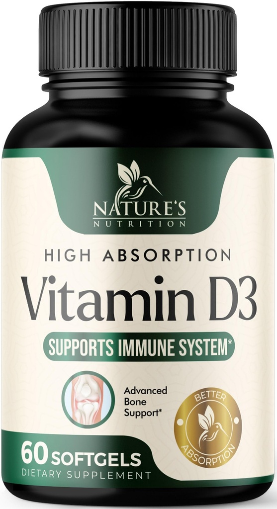 Supplément Vitamine D3 5000UI (125 mcg) - Vitamines extra-fortes D-3 Softgels diététiques pour os, dents, santé musculaire et immunitaire, absorption rapide Mini D Softgel, non-OGM, sans gluten - 60 Compte