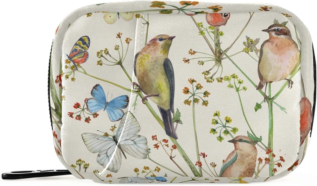 Vintage Birds Butterflies Pill Box 7 Day Pill Case Travel Pill Organizer Bag met Zipper draagbare Weekly Case Compacte grootte voor vitamine supplement houder