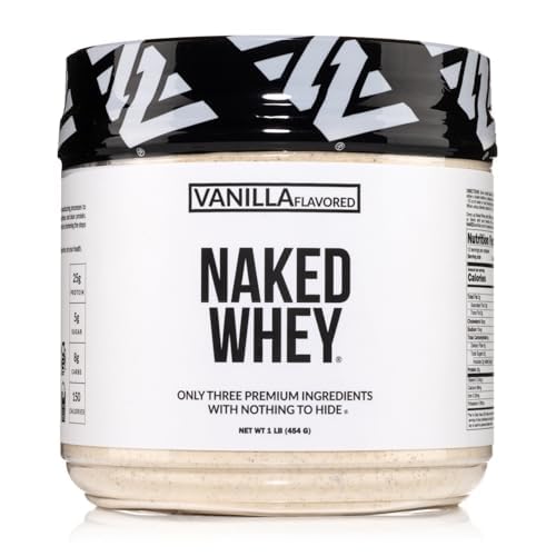 NAKED Vanilla Whey Protein 1Lb, seulement 3 ingrédients, Tous les gras naturels Poudre de protéines de lactosérum + vanille + noix de coco sans sucre, sans OGM, sans soja, sans gluten.