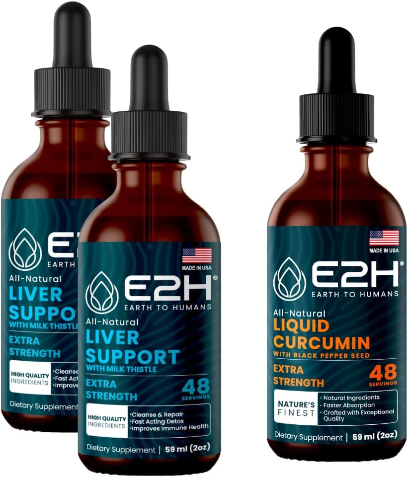 E2H: Supplément de soutien du foie (2 Pack - 4 Fl Oz) et Curcumine Turmère liquide (Bouteille unique - 2 Fl Oz)
