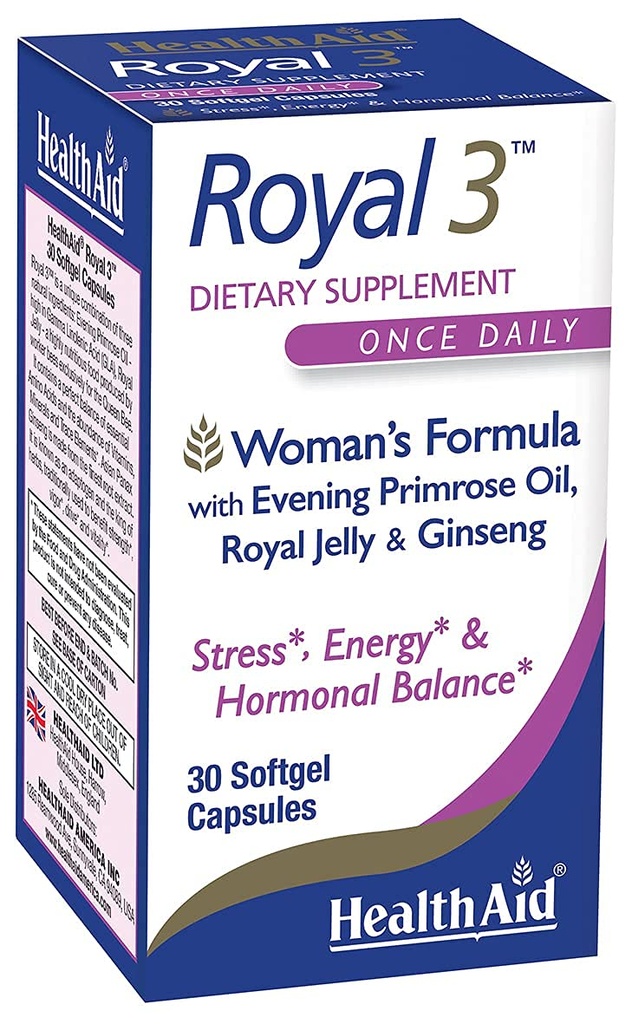 HealthAid Royal 3, met Avond Primrose Oil, Royal Jelly, Ginseng, Eenmaal daags, 30 Capsules