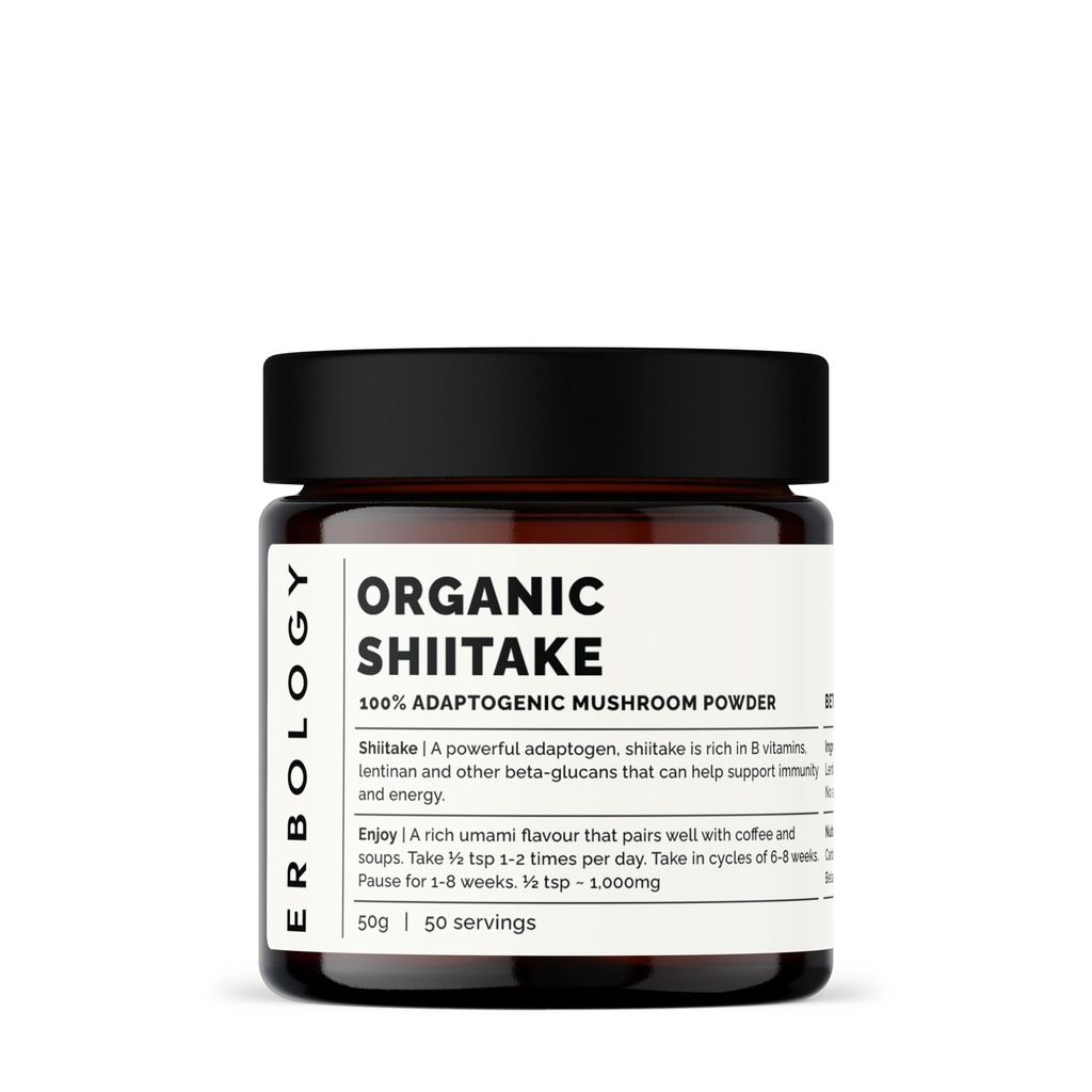 Erbologie Biologische Shiitake Paddestoelen Poeder 50 Servaties - 11% Beta-glucanen - Immuniteit en Energie - Lentinula edodes - Kleine Batch - Duurzaam Groeien in Europa - Veganistisch - Niet-GMO - Geen Toegevoegd Fillers