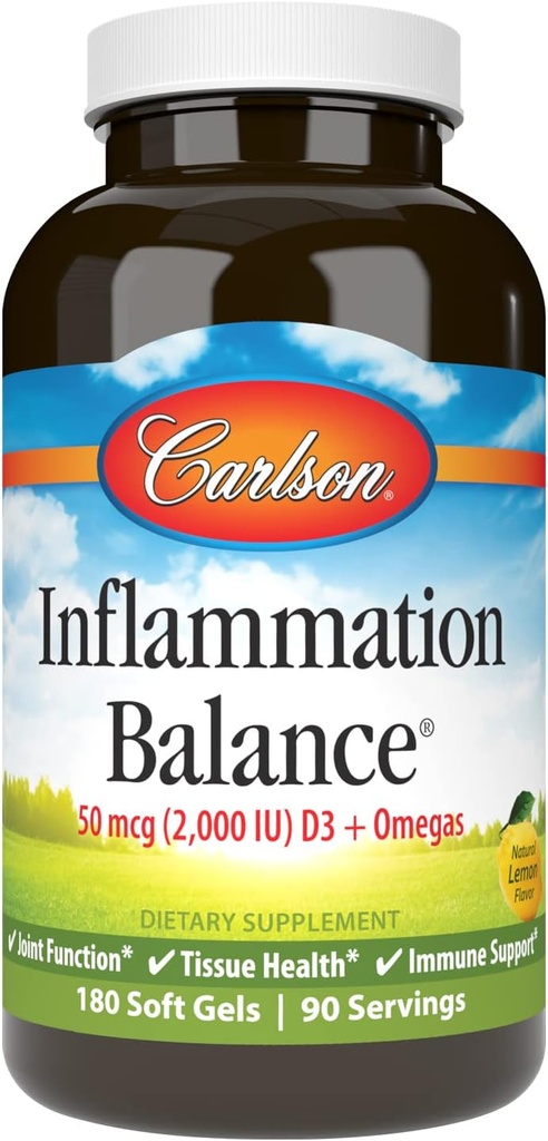 Carlson - Ontstekingsbalans, Balanced Omega-3 & Omega-6 ratio, met D3, Noorse, Wild-Caught Visolie Supplement met vetzuren, duurzaam gegenereerde visolie Capsules, 180 Softgels