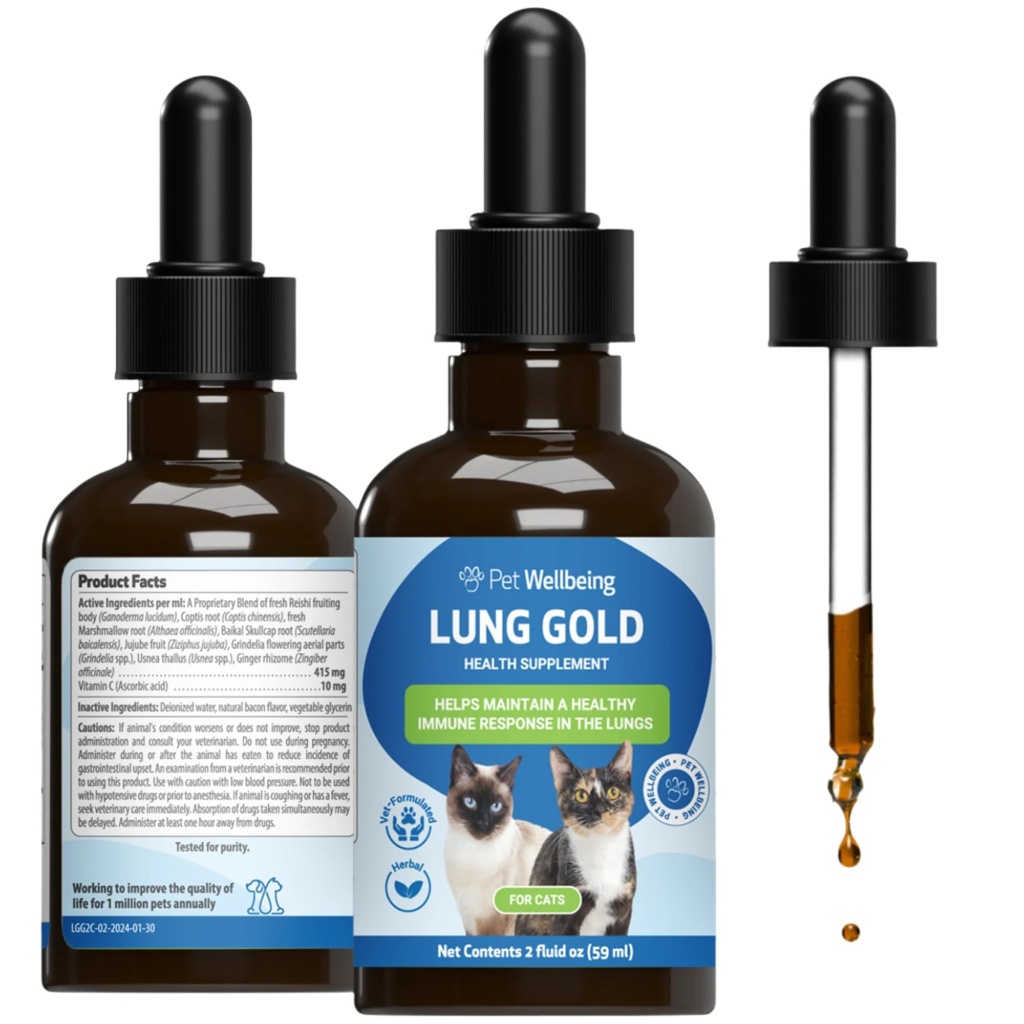 Pet Wellbeing Lung Gold for Cats - Long Immune Support, Lower Respiratory Health, Open Airways, Normale ademhaling, Reishi, Coptis - Veterinair-geformuleerd kruidensupplement - 2 oz (59 ml)