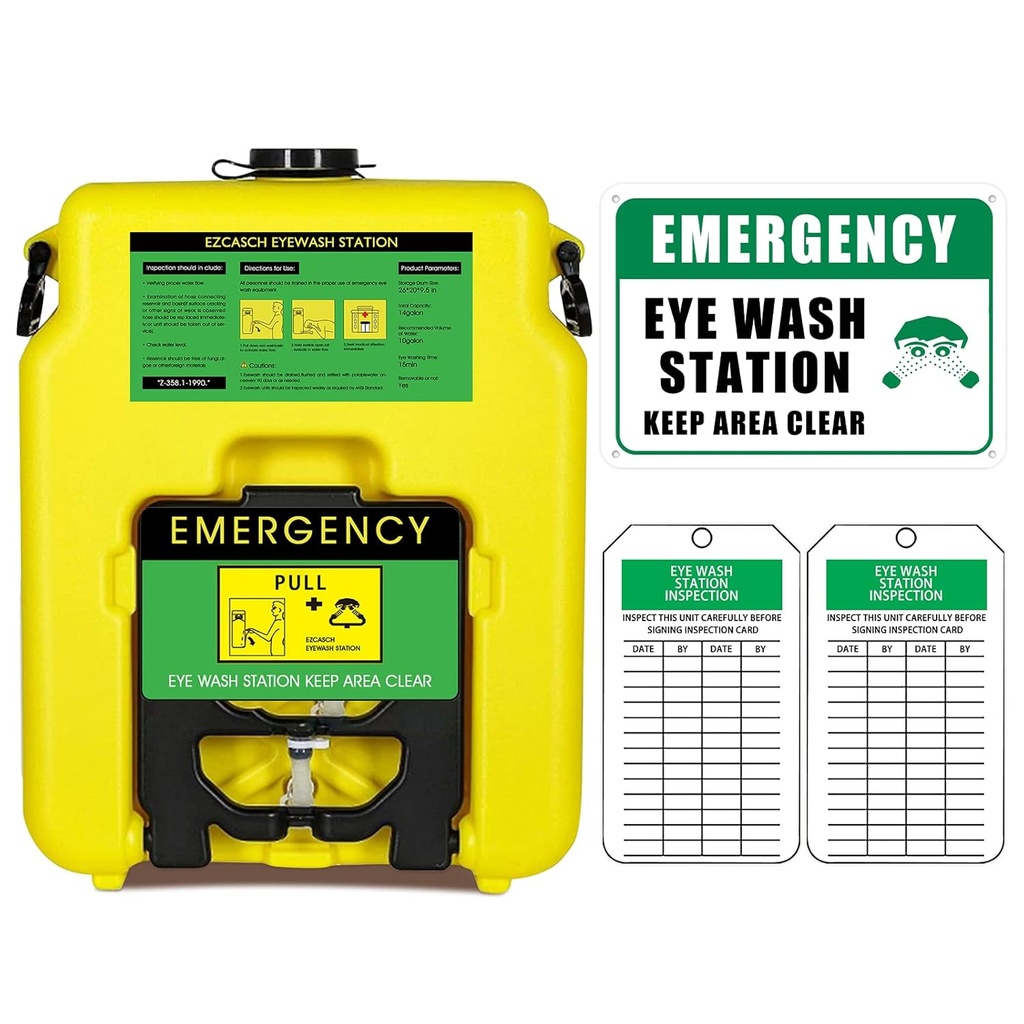 Portable Eyewash Station 14-gallon OSHA goedgekeurd met One Station Sign en Twee Inspectie tags, Wall Mounted Gravity-Flow Indoors and Out, 53L Hervulbare Eyewash Station Heavy Duty, Geel