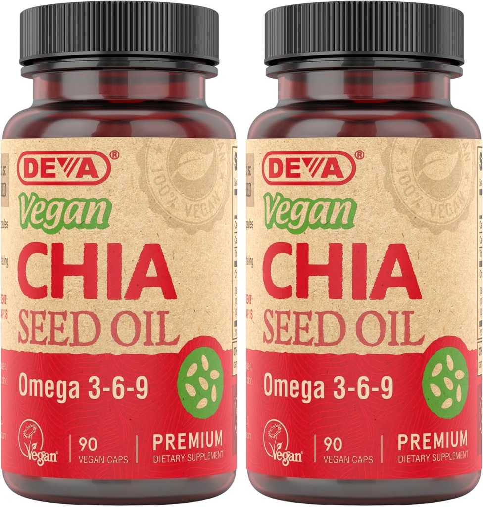DEVA Vegan Vitamins Chia Seed Oil, verpakt met Omega 3, 6, 9 & andere essentiële vetzuren, koudgeperst & ongeraffineerd, 90 capsules, (verpakking van 2)