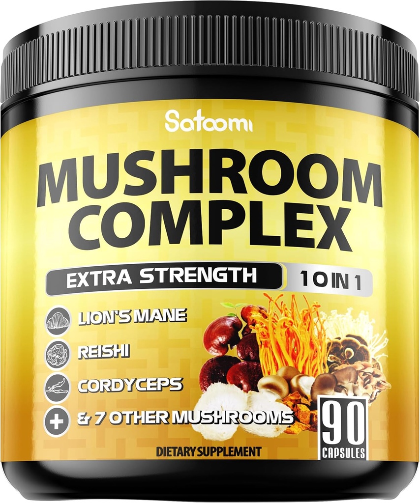 Satoomi 10in1 Mushroom Supplement Complex - Lions Mane, Cordyceps, Reishi, Chaga en 6 Meer - Hersensupplementen voor geheugen & focus - 90 Tel - 3 maanden aanbod