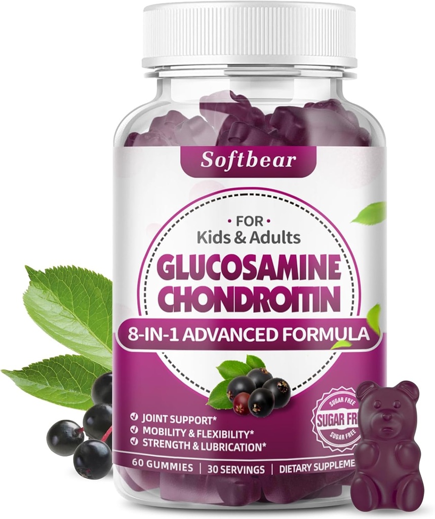 softbear Glucosamine Chondroitin Gummies, Sugar Free Glucosamine Chondroitin MSM Supplement met Vlierbessen Kurkuma Ondersteunt Joint Health & Antioxidant, Vlierbessen smaak 60 Tellen