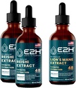 E2H: Reishi (2 Pack) & Extraits de la Mane de Lion - Énergie, Longévité, Sharpness cognitive, Immunité - Non-OGM, Vegan - 2 Fl Oz Chacun (6 Fl Oz Total) - Ensemble