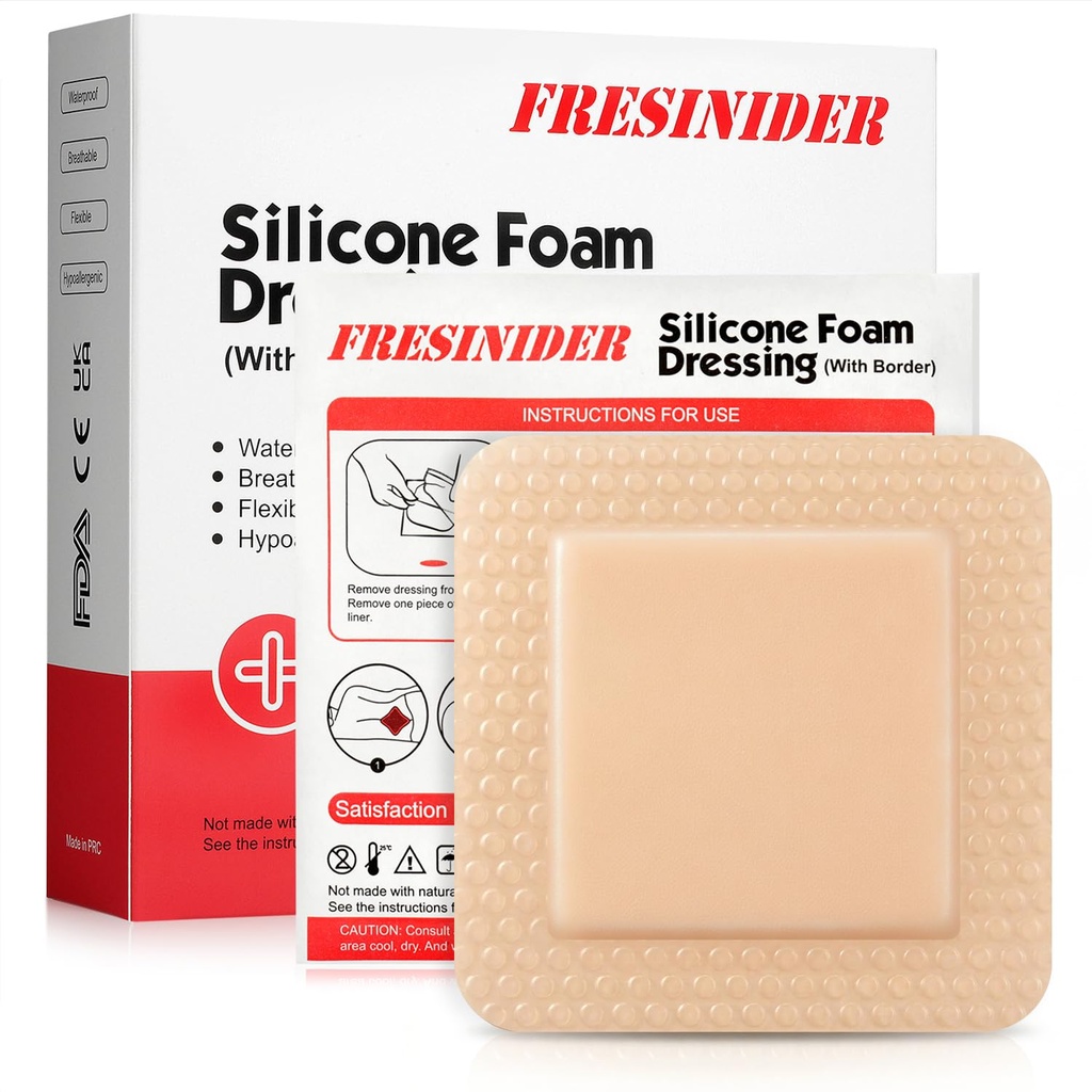 FRESINIDER Mousse en silicone Dressing with Adhesive Border – Bandage de la Mousse en silicone – Paquet de 10 – 4 x 4 pouces Grandes bandes imperméables – Soins autocollants et habillages