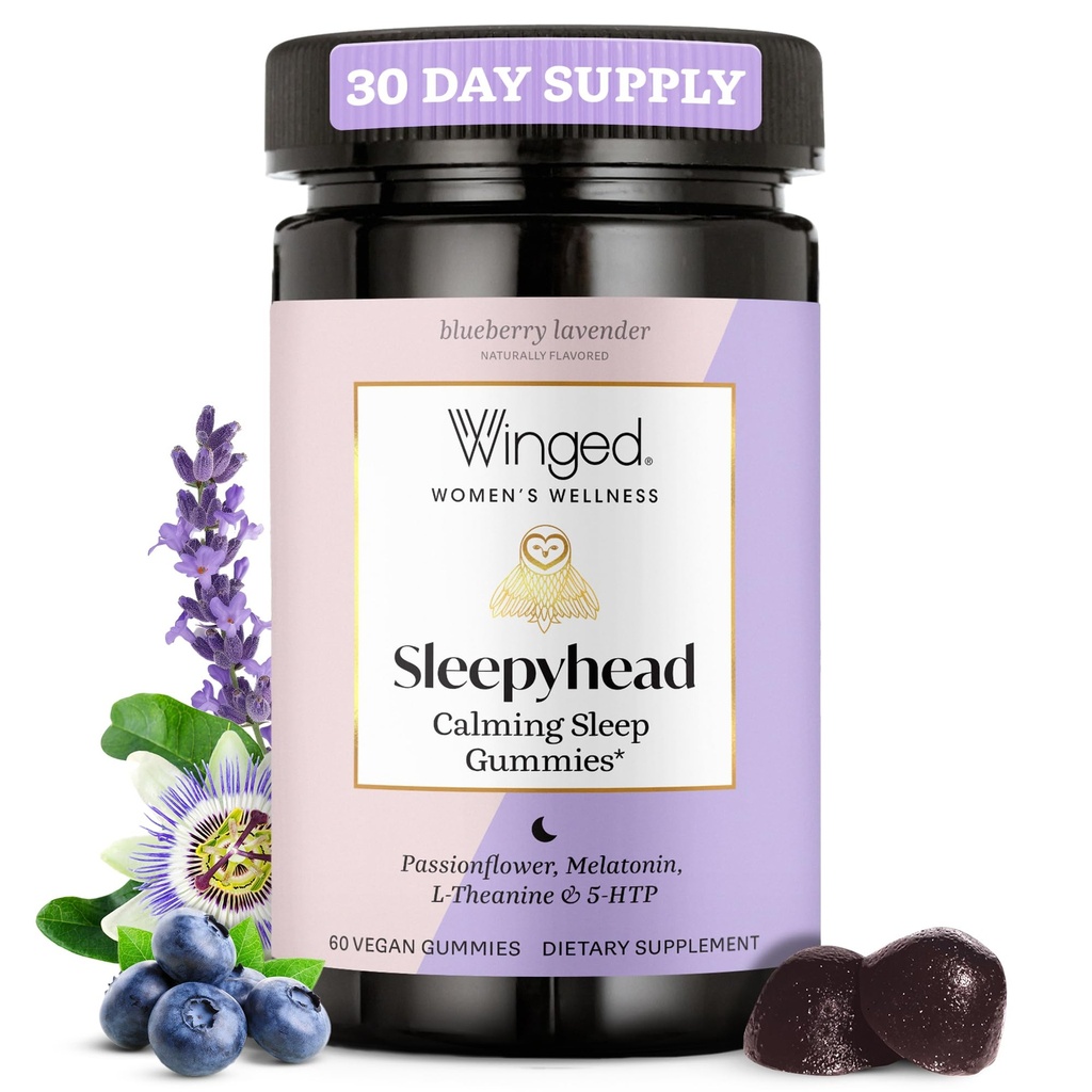 Winged Wellness Sleepyhead Natuurlijke Slaap Gummies voor vrouwen - Prime Slaap Ondersteuning voor volwassenen met 3mg Melatonine, L-Theanine, 5-HTP - Blueberry Lavender Flavored - 30 Servers