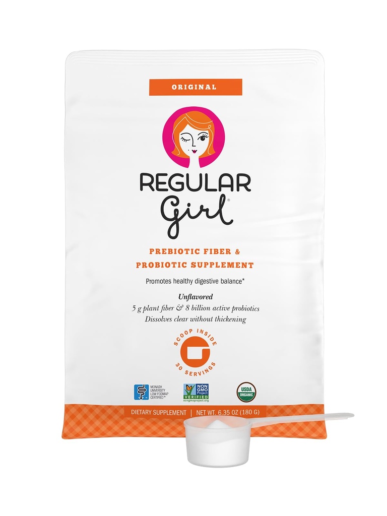 Regular Girl Organic Powder, Prebiotic Fiber Supplement and Probiotics for Women, Low FODMAP, 30 Serves, Unflavored