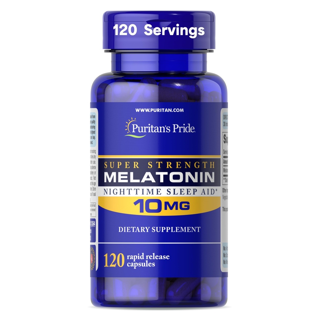 Puritan's Pride Premium Super Strength Melatonine 10mg Slaaphulp, Dieetsupplement voor geluid, rustgevende en langere slaapondersteuning, 4 maanden Supply, 120 Rapid Release Capsules (Verpakking mei Vary)