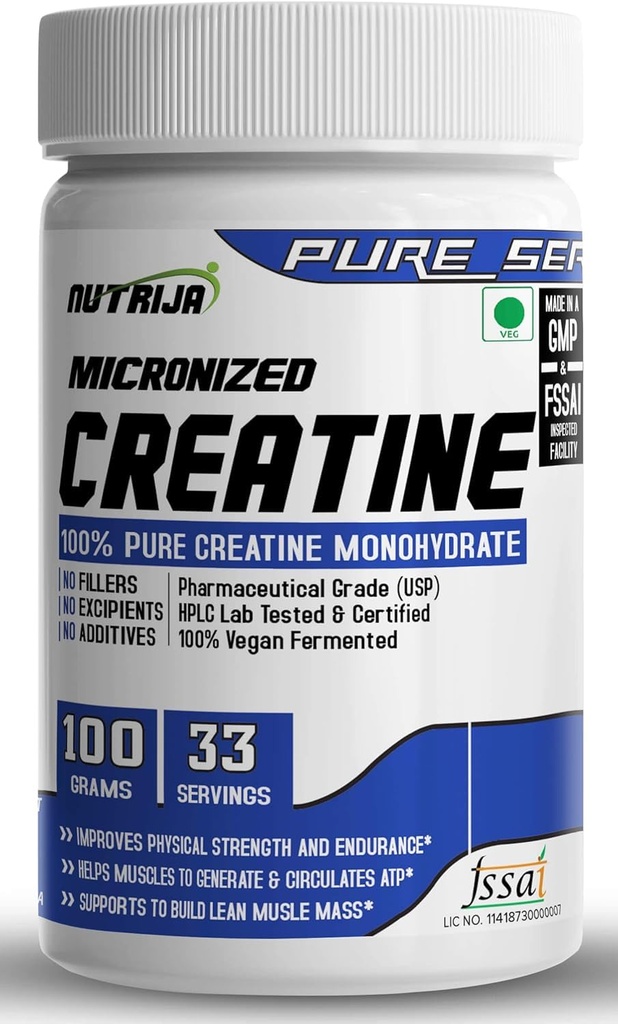 NutriJa Pure Micronized Creatine Monohydrate Powder- 100grams | Pre/Post Workout Supplement for Muscle Repair & Recovery