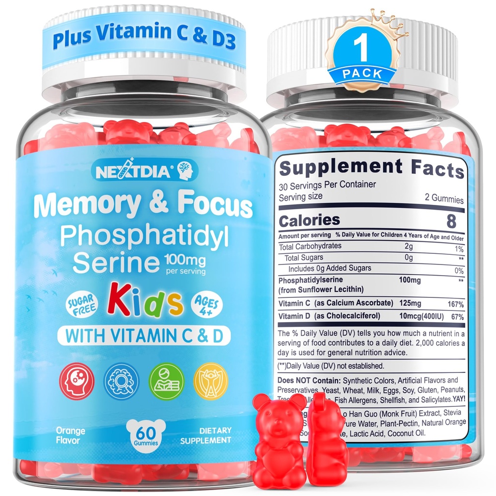 Fosfatidylserine Supplement 100mg, Focus Gummies voor kinderen Tieners + Vitamine C & D3 400IE, Suikervrije Kids Hersen Gummies verhogen aandacht & concentratie, kauwbaar, veganistisch, glutenvrij, niet-GMO 60Ct