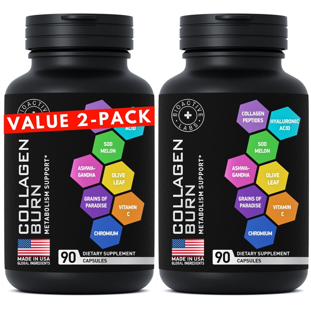 Thermogene Multi Collageen Burn Capsules - Gehydrolyseerde Collageen Peptides Plus Hyaluronzuur - Geavanceerd type I, II, III, V, X - 2-pack, 180 Collageen Burn Caps