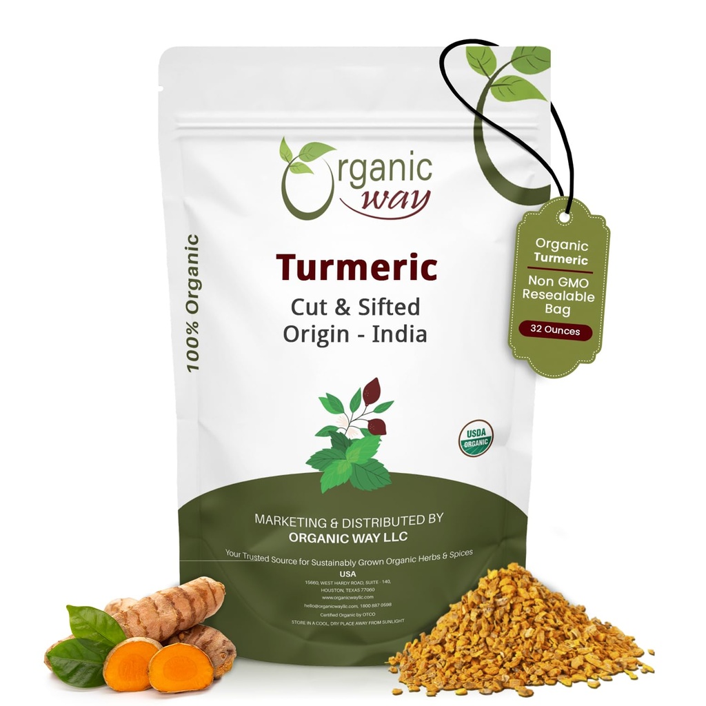Organic Way Turmeric/Haldi Root Cut & Sifted (Curcuma Longa) - Kruidenthee Kosher & USDA Certified 