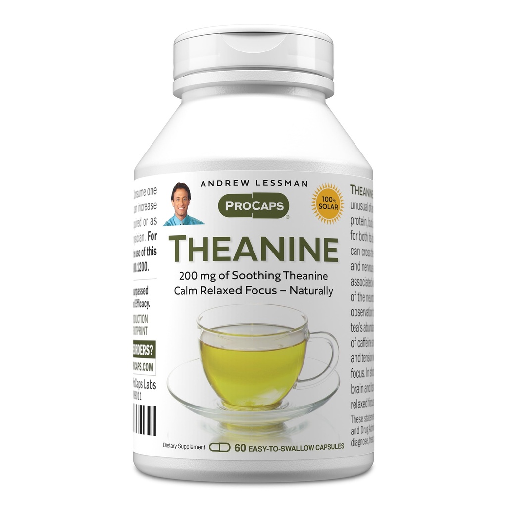 ANDREW LESSMAN Theanine 200 mg - 60 capsules - Promoot de productie van de Neurotransmitters Dopamine en serotonine. Natuurlijke rust, ontspannen focus zonder slaap. Makkelijk te slikken capsules.