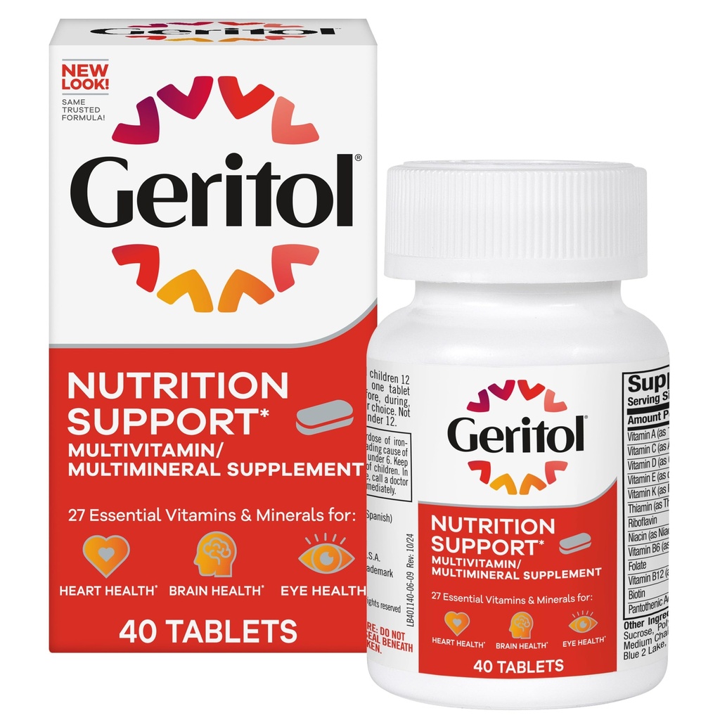 Geritol, supplément multivitamines, contient des vitamines B-vitamines, des antioxydants, des vitamines C, E & D et du fer, 26 vitamines et minéraux essentiels, sans gluten, sans OGM, sans édulcorants artificiels, 40 comprimés