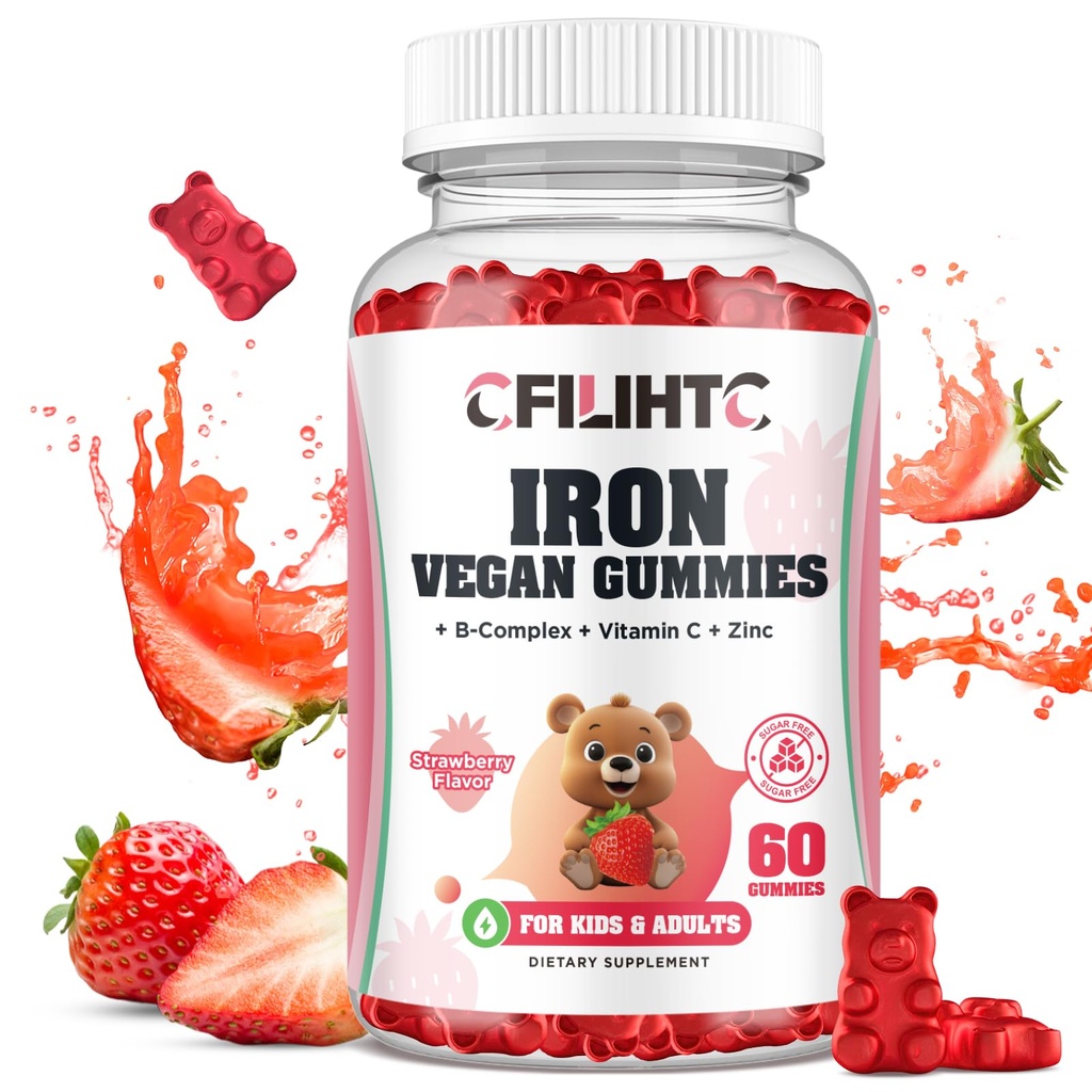 Iron Gummies for Kids, Women & Men, Iron Supplement with Multivitamine - Vitamine B Complex, C, B6, B12, Folate, Zink voor anemie, Iron Deficency, Blood Builder, Energy - Aardbei smaak, Vegan 60ct