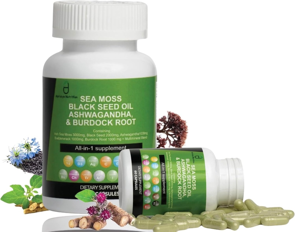 Sea Moss Capsules - 60 Capsules Seamoss Black Seed Oil Ashwagandha Burdock Root Supplement, Irish Sea Moss Supplement met vitamine C D3 Manuka & Dandelion, Multi Minerals Supplement