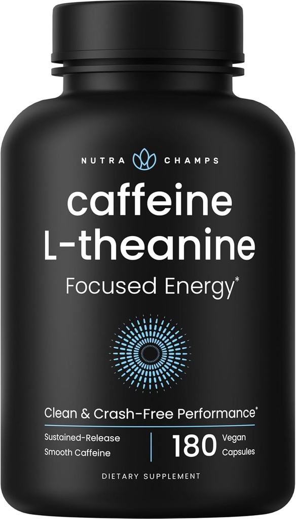 Cafeïne Pillen met L-Theanine voor gerichte energie, Gladde en schone energie Supplement voor Focus & Performance, Geen Crash, Geen Jitters, 60 Vegan energie pillen