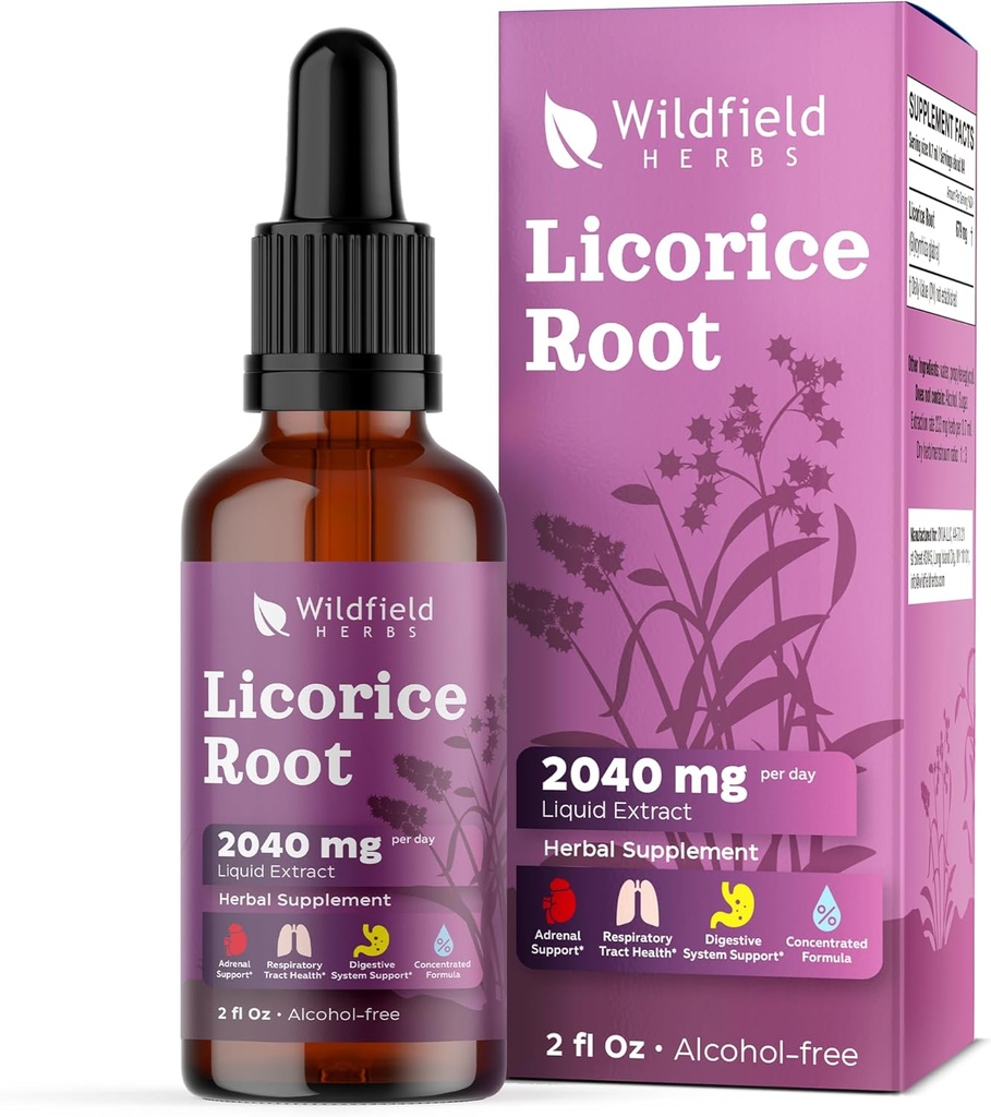 Licorice Root Extract Drops 2000mg (Glycyrrhiza glabra L.) Kruidensupplement Absorbeert beter dan capsules, 1 maand levering, 84 porties, Alcoholvrije Tinctuur - 2 Oz, Verpakking van 1