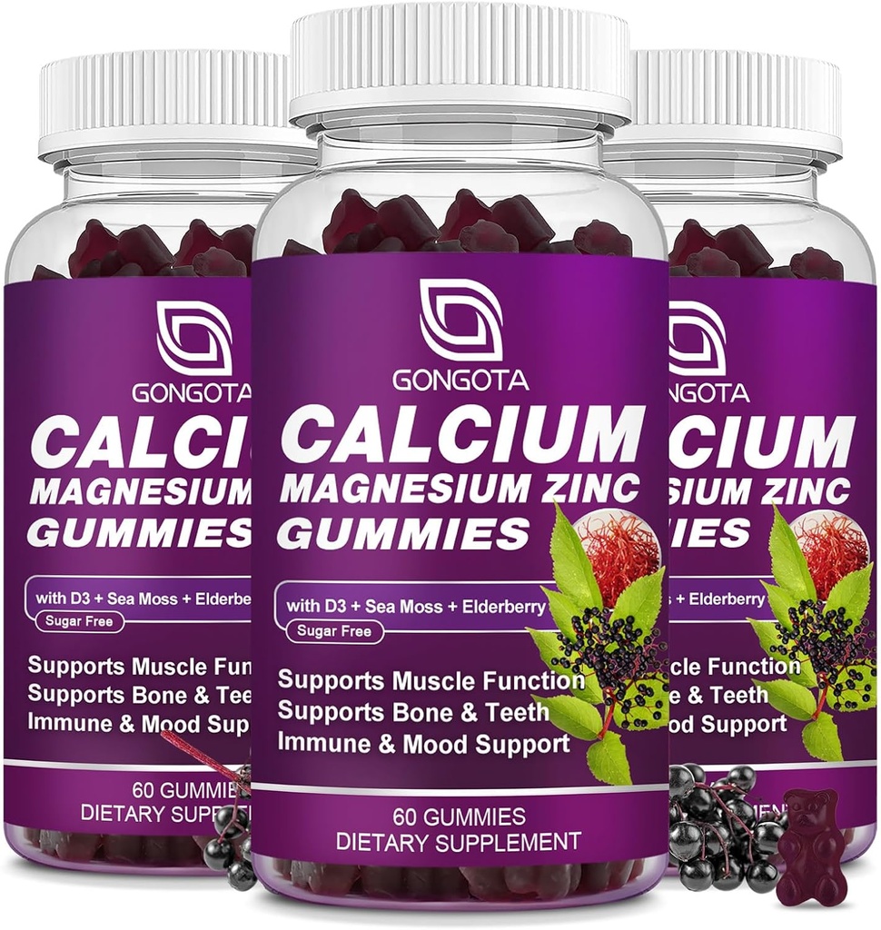 GONGOTA Calcium Magnesium Zink met Vitamine D3 Supplement, Zeer Absorberende Calcium Gummies met 300 mg Magnesium glycinaat Ondersteuning Bot & tanden, Spier voor volwassenen en tieners, Sugar Free, Vegan (3 Pack)