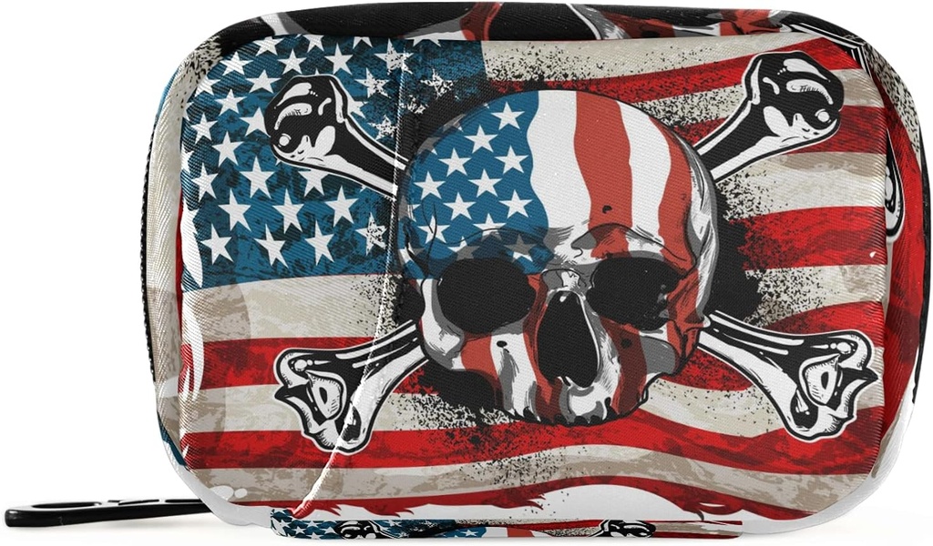 American Flag Skull Pill Box 7 Day Pill Case Travel Pill Organizer Bag met Zipper draagbare wekelijkse geval Compacte grootte voor vitamine supplement houder