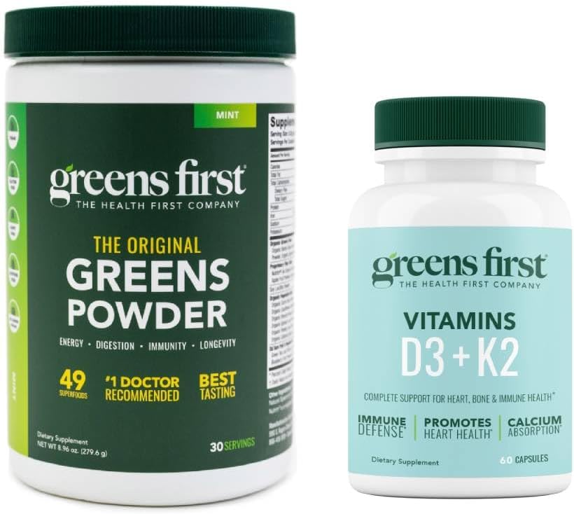 Greens First - Mint - 30 Servings - Greens Powder Superfood, 49 Superfoods, 15+ Organic Fruit & Fruit, Dairy Free, Vegan & Non-GMO - 9,86 oz en D3+K2 Vitaminen, 60 plantaardige capsules